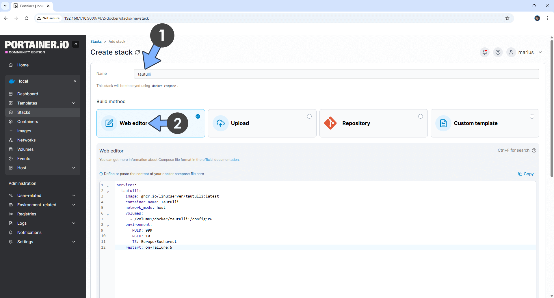 Tautulli Docker Compose YAML in Portainer Stack on UGREEN NAS — web editor view